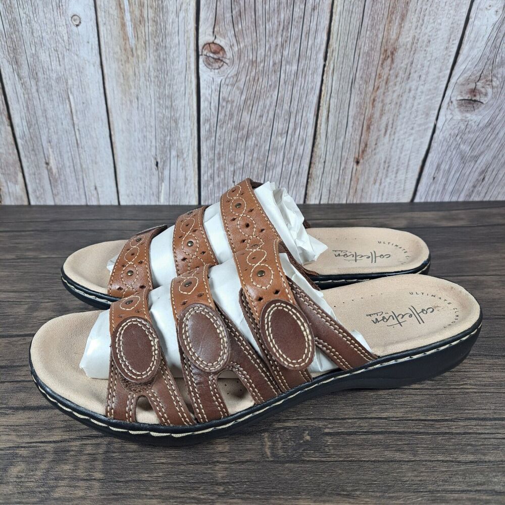Clarks Leisa Cacti Q 3 Strap Slip On Open Back Sandals Women's Sz 8.5 M Brown